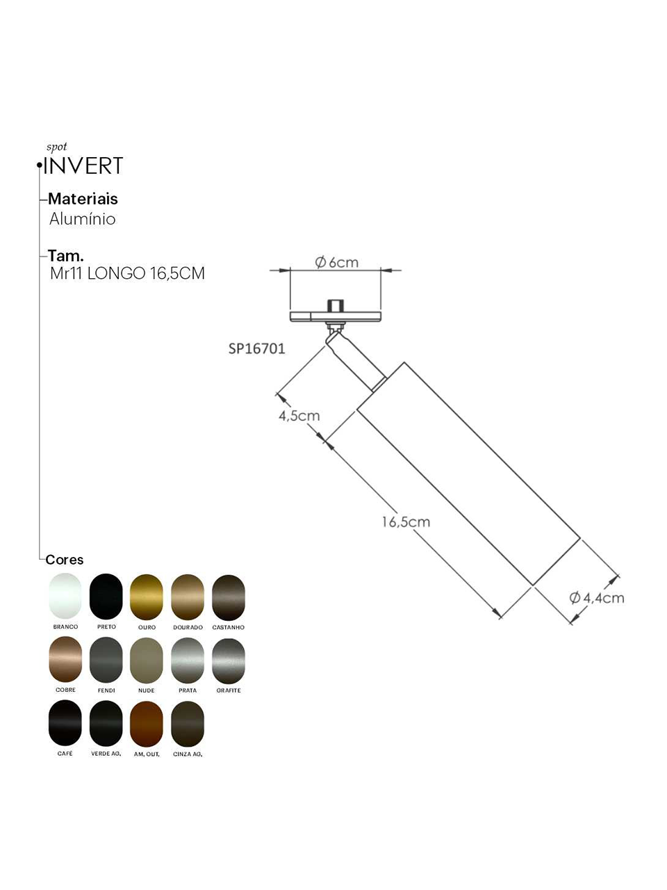 Plafon Spot Invert Articulado MR11 Longo Aluminio Preto 16,5cm, Mesa Sala de Jantar, Quartos, Cozinha, Banheiro, Suite Master, Hall